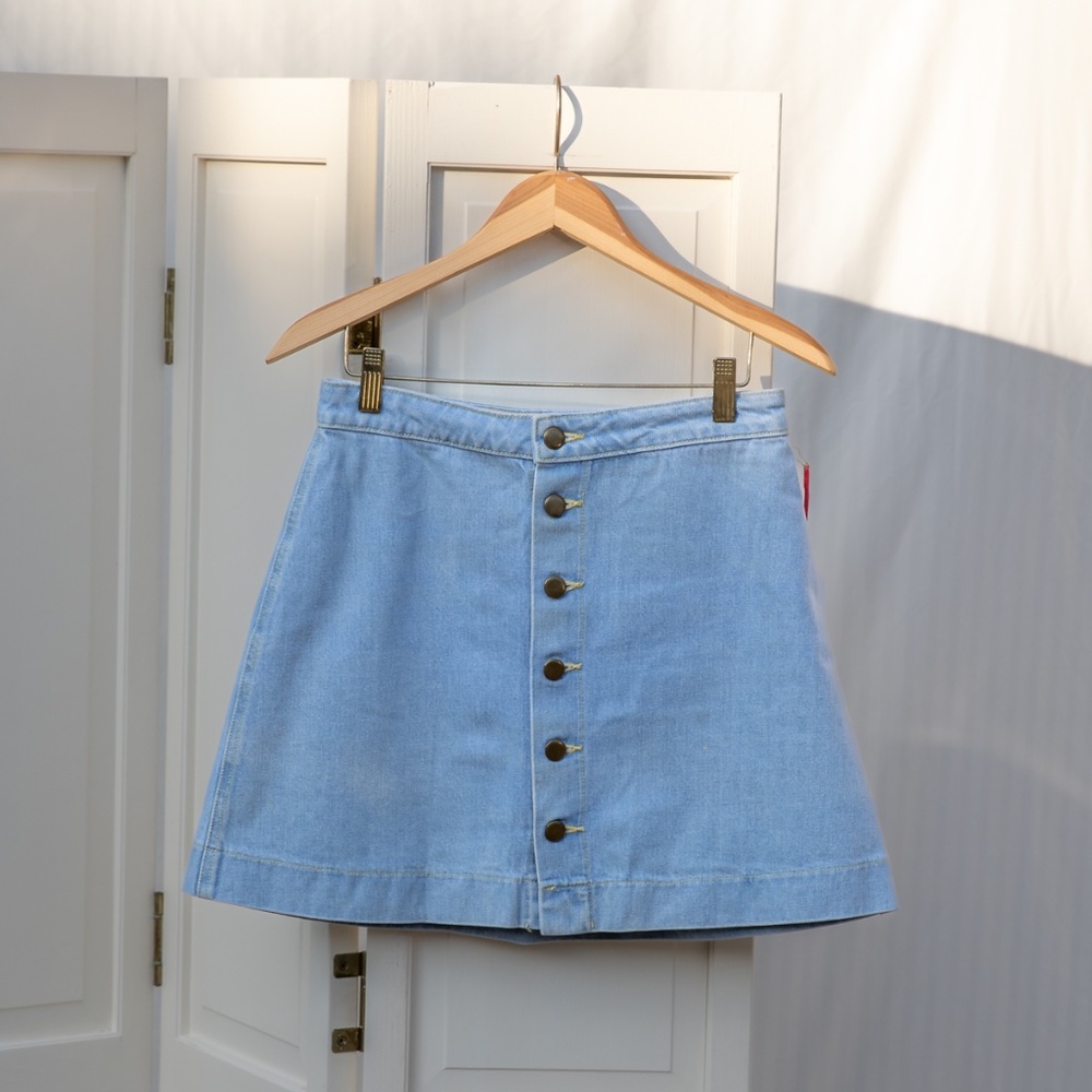 American Apparel Denim Button Front A-line Mini Skirt Light Wash